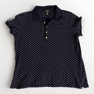 Lauren Ralph Lauren Navy Blue White Polka Dot Short Sleeve Polo Shirt Size L/G